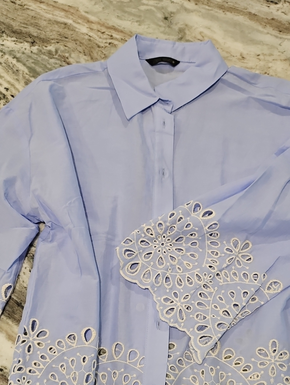 Light Blue Embroidered Eyelet Button-Up ZARA Shirt